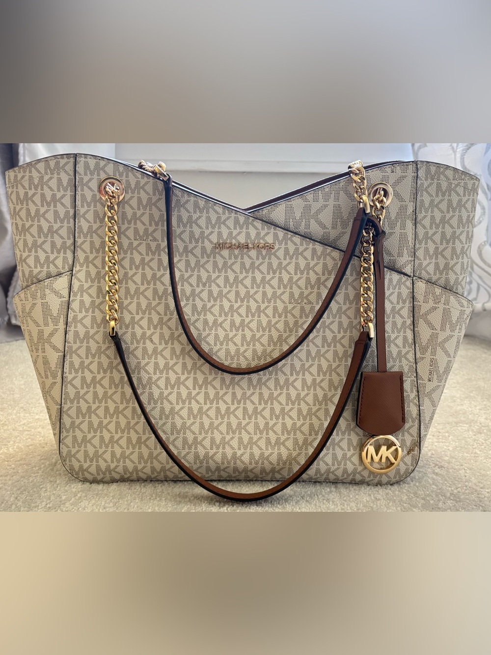 Michael Kors Beige MK Signature Tote with Gold Chain Accents